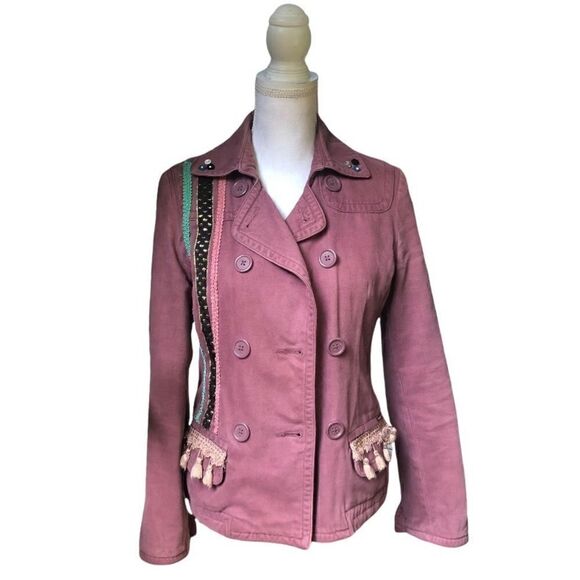 AEO AMERICAN EAGLE DUSTY ROSE VELVETEEN TASSEL EMBELLISHED OOAK PEACOAT SIZE S - Picture 10 of 12